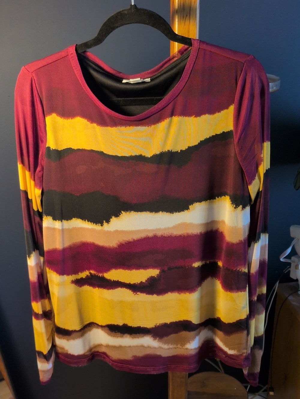 Calvin Klein Long Sleeve Wavy Pattern Top - Burgundy, Yellow, Black, Cream